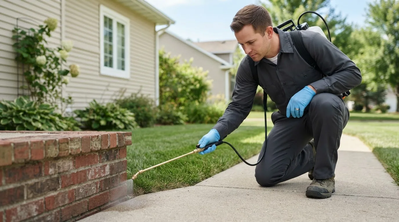 Pest control technician treating a home near Cresco, IA