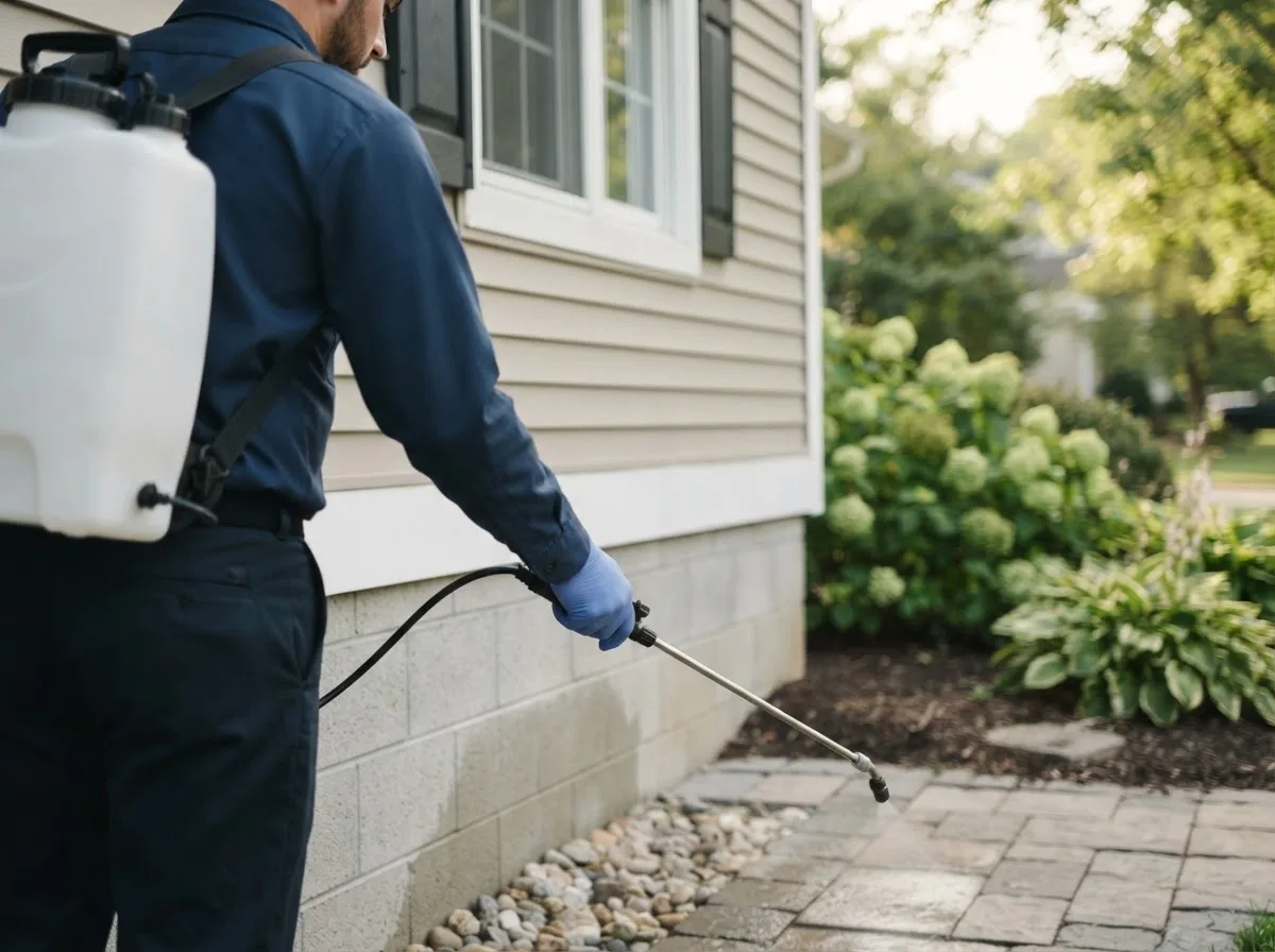 Pest control technician inspecting a home in Cresco, IA